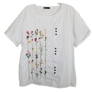 Izuria White Short Sleeve Pop Over Top Shirt Embroidered Flowers Button Size 2XL